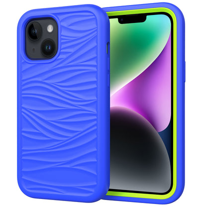 ELECTROPRIME For iPhone 15 Wave Pattern 3 in 1 Silicone + PC Phone Case(Blue+Olivine)