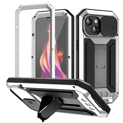 ELECTROPRIME For iPhone 15 Plus R-JUST Sliding Camera IP54 Life Waterproof Holder Phone Case(Silver)