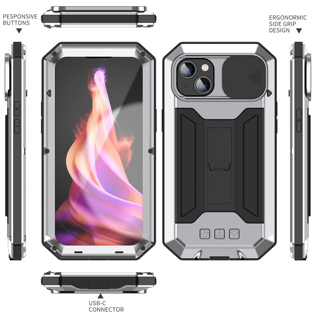 ELECTROPRIME For iPhone 15 Plus R-JUST Sliding Camera IP54 Life Waterproof Holder Phone Case(Silver)