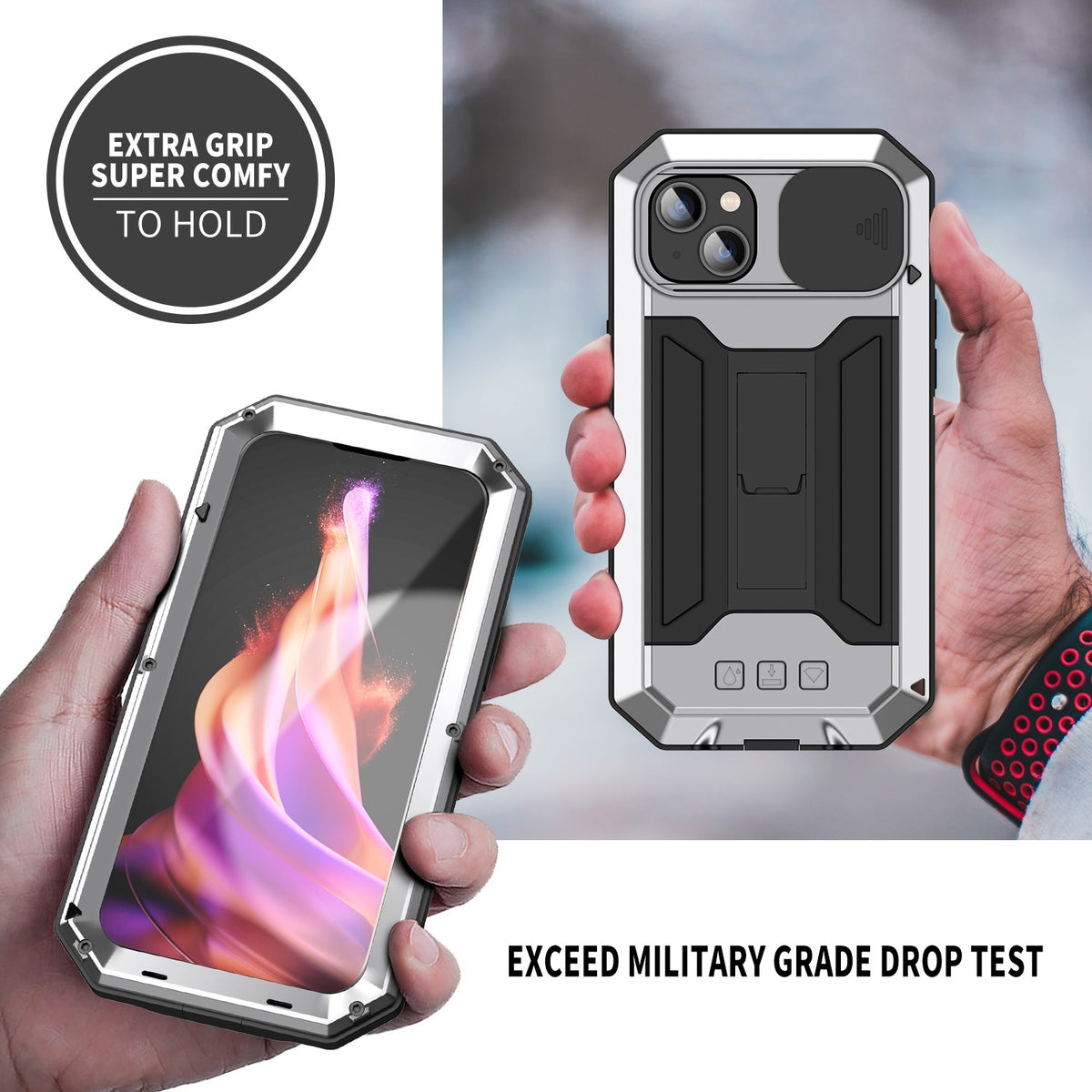 ELECTROPRIME For iPhone 15 Plus R-JUST Sliding Camera IP54 Life Waterproof Holder Phone Case(Silver)
