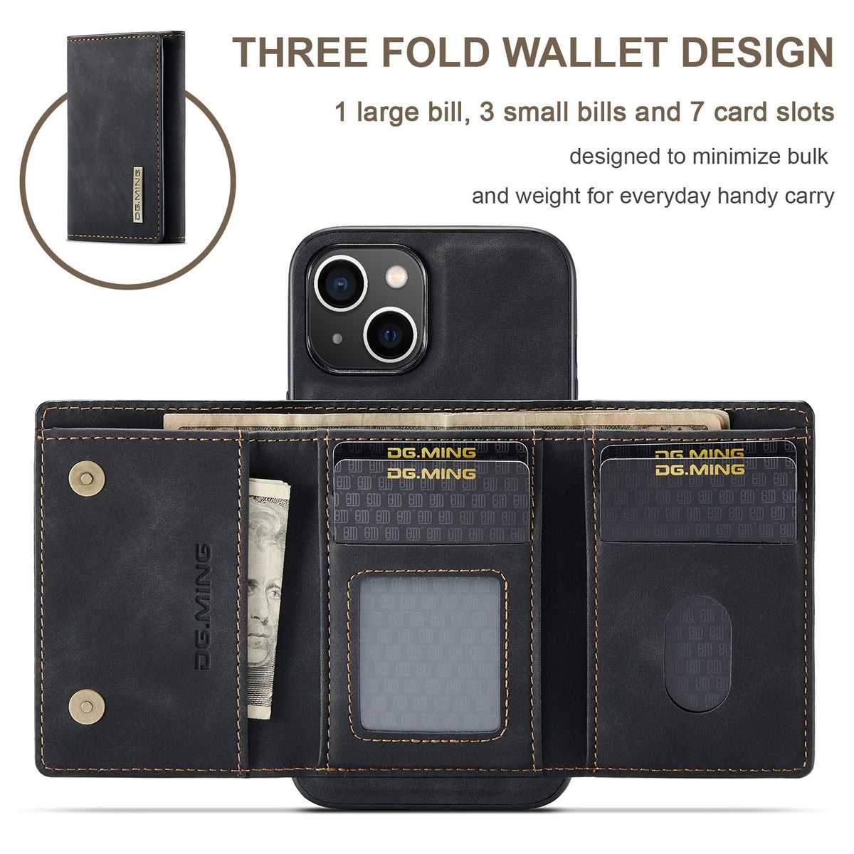 ELECTROPRIME For iPhone 15 DG.MING M1 Series 3-Fold Multi Card Wallet Leather Phone Case(Black)