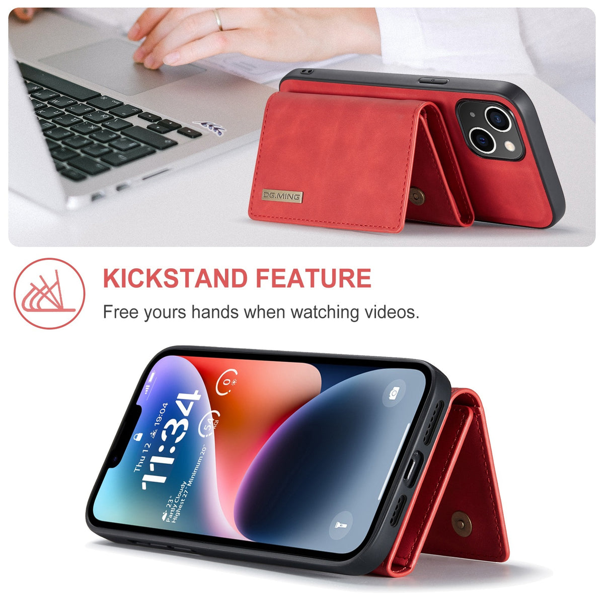 ELECTROPRIME For iPhone 15 DG.MING M1 Series 3-Fold Multi Card Wallet Leather Phone Case(Red)