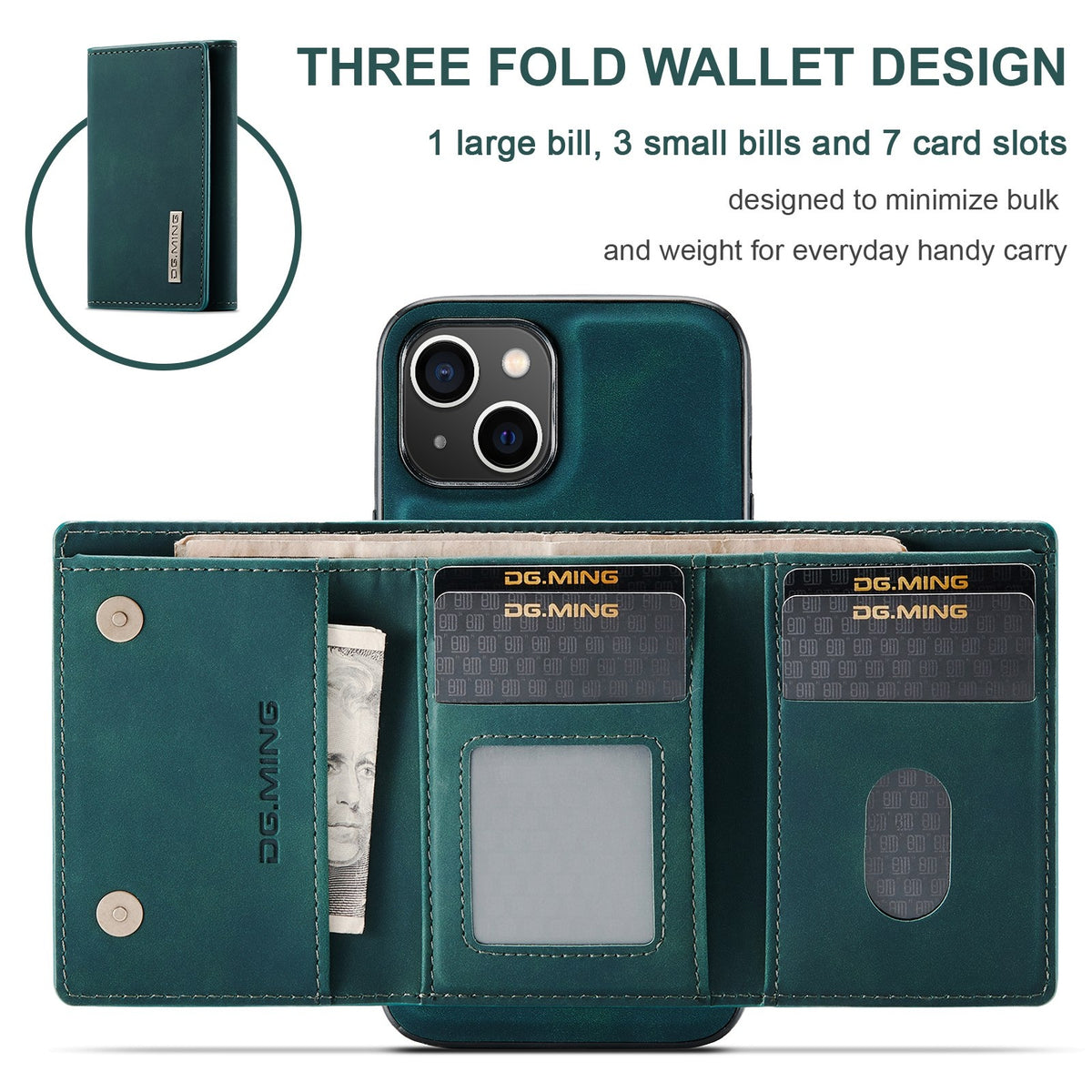 ELECTROPRIME For iPhone 15 DG.MING M1 Series 3-Fold Multi Card Wallet Leather Phone Case(Green)