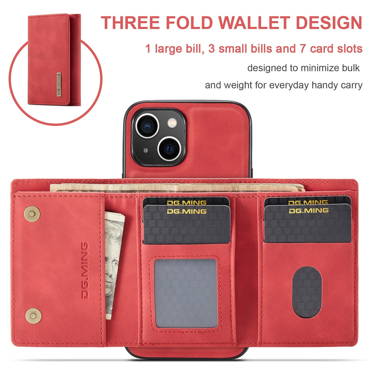 ELECTROPRIME For iPhone 15 Plus DG.MING M1 Series 3-Fold Multi Card Wallet Leather Phone Case(Red)