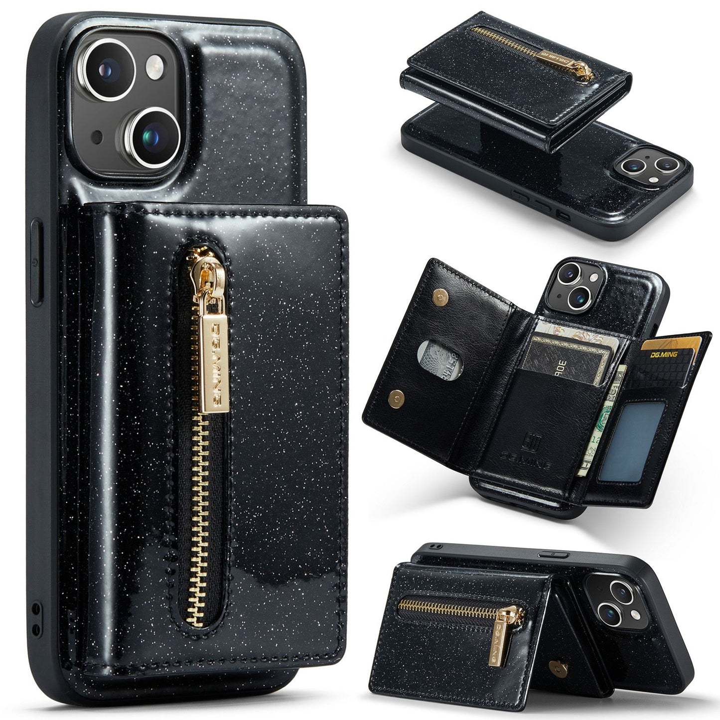 ELECTROPRIME For iPhone 15 DG.MING M3 Series Glitter Powder Card Bag Leather Phone Case(Black)