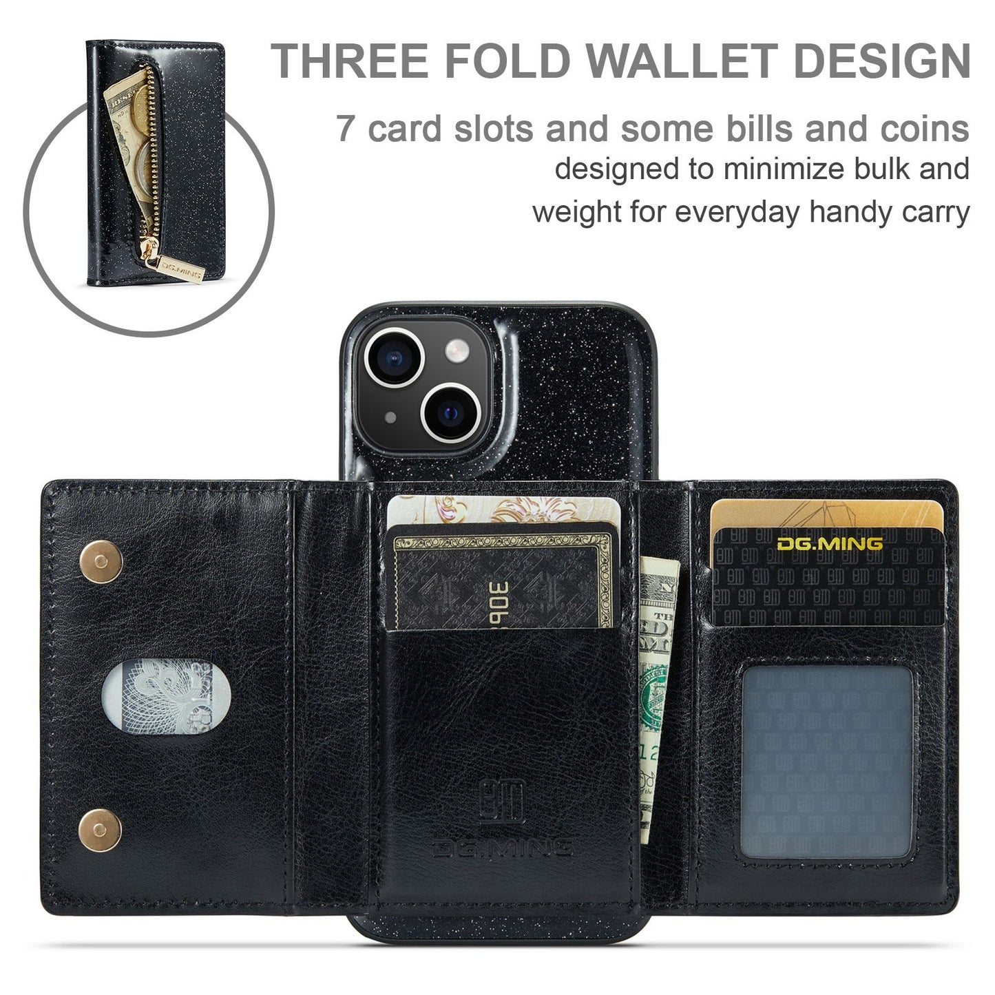 ELECTROPRIME For iPhone 15 DG.MING M3 Series Glitter Powder Card Bag Leather Phone Case(Black)