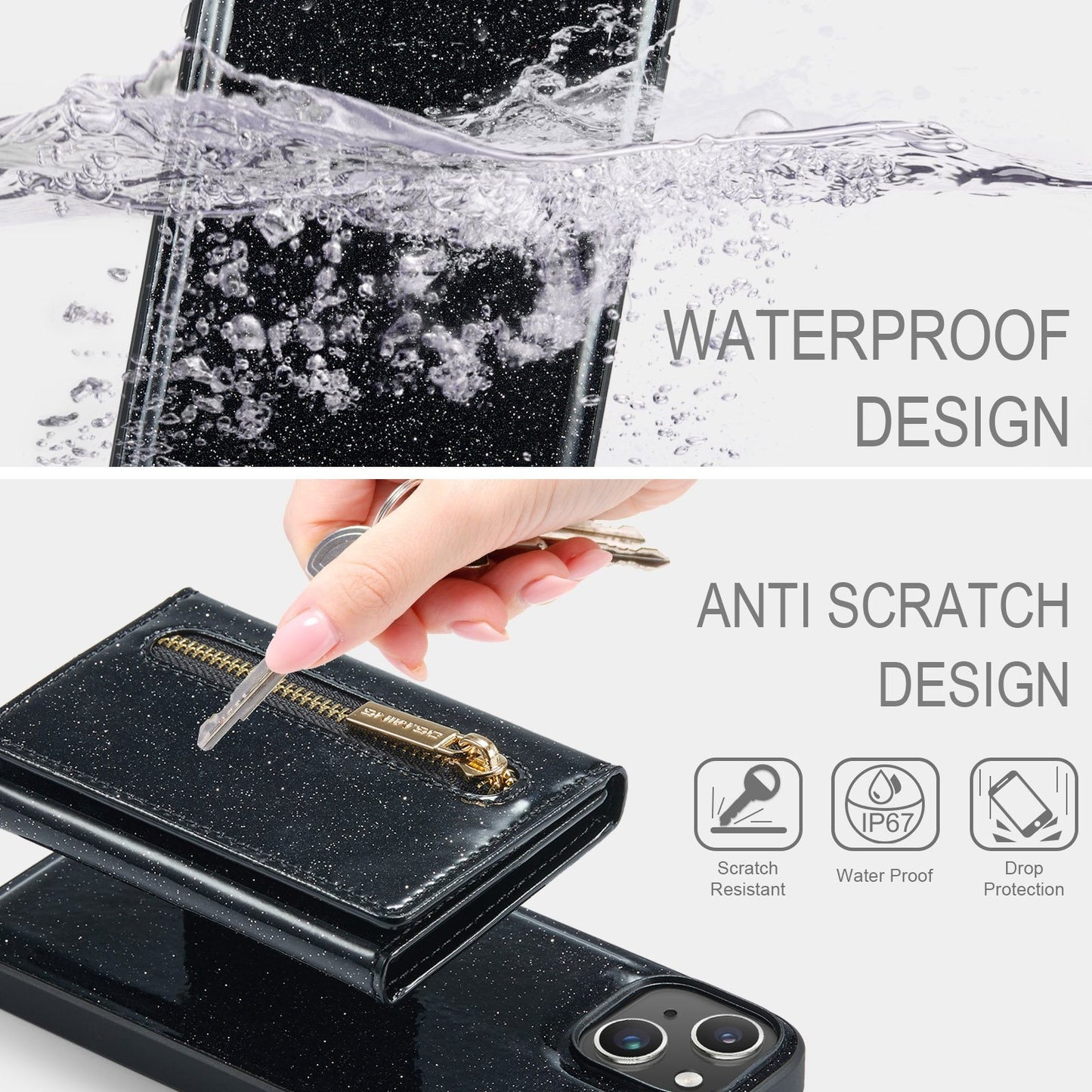 ELECTROPRIME For iPhone 15 DG.MING M3 Series Glitter Powder Card Bag Leather Phone Case(Black)