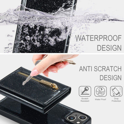 ELECTROPRIME For iPhone 15 DG.MING M3 Series Glitter Powder Card Bag Leather Phone Case(Black)