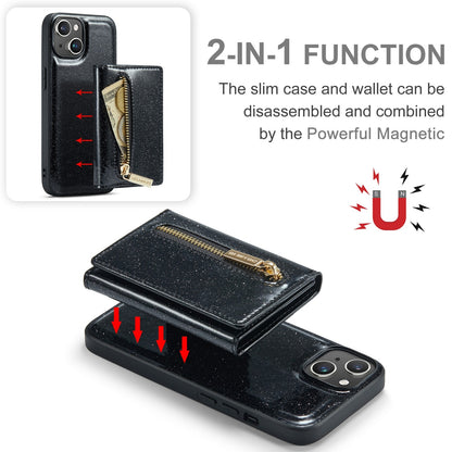 ELECTROPRIME For iPhone 15 DG.MING M3 Series Glitter Powder Card Bag Leather Phone Case(Black)
