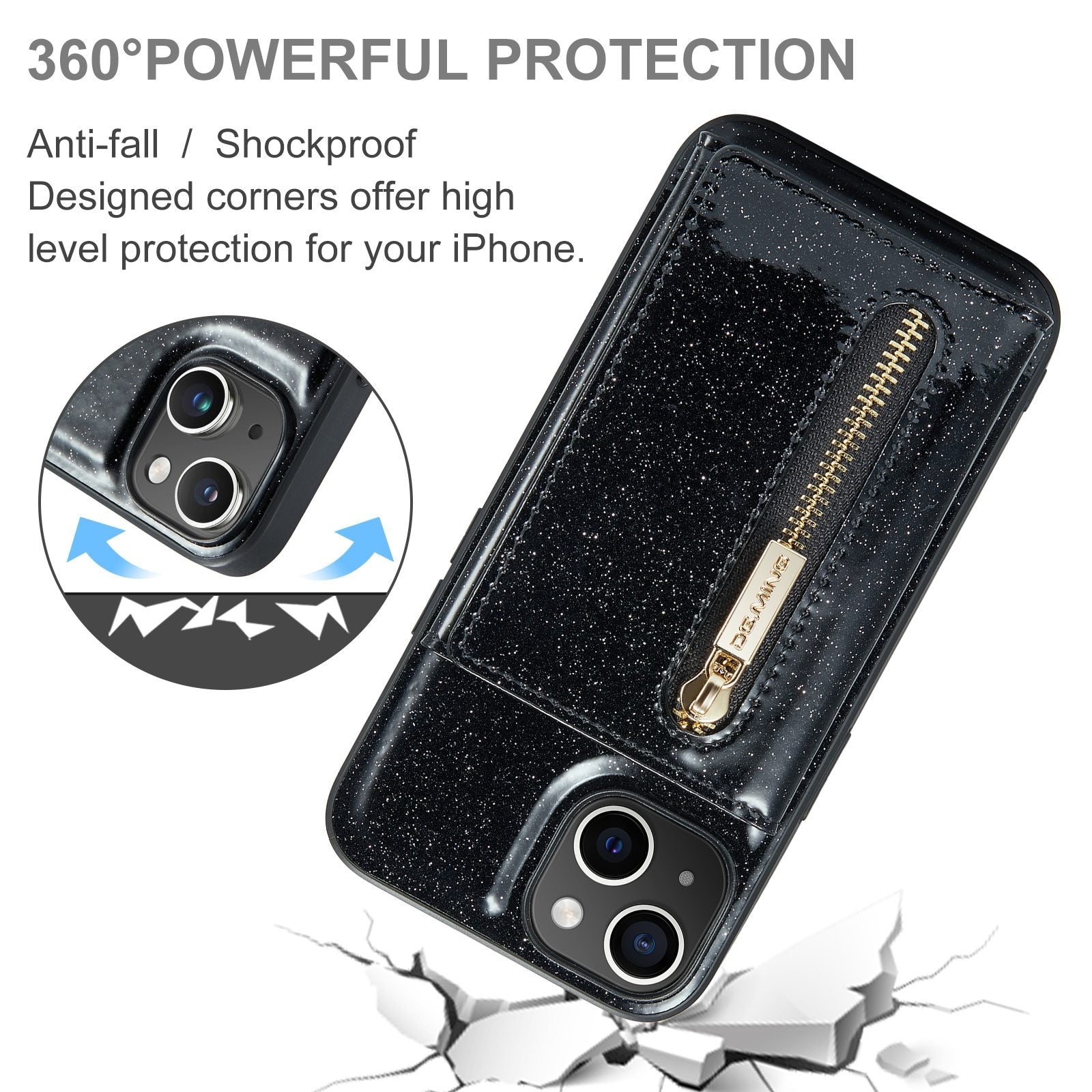 ELECTROPRIME For iPhone 15 DG.MING M3 Series Glitter Powder Card Bag Leather Phone Case(Black)