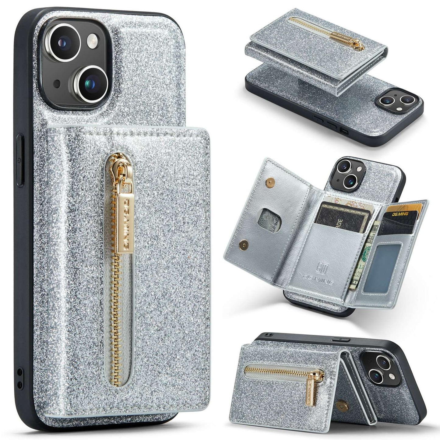 ELECTROPRIME For iPhone 15 DG.MING M3 Series Glitter Powder Card Bag Leather Phone Case(Silver)