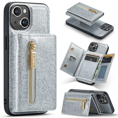 ELECTROPRIME For iPhone 15 DG.MING M3 Series Glitter Powder Card Bag Leather Phone Case(Silver)