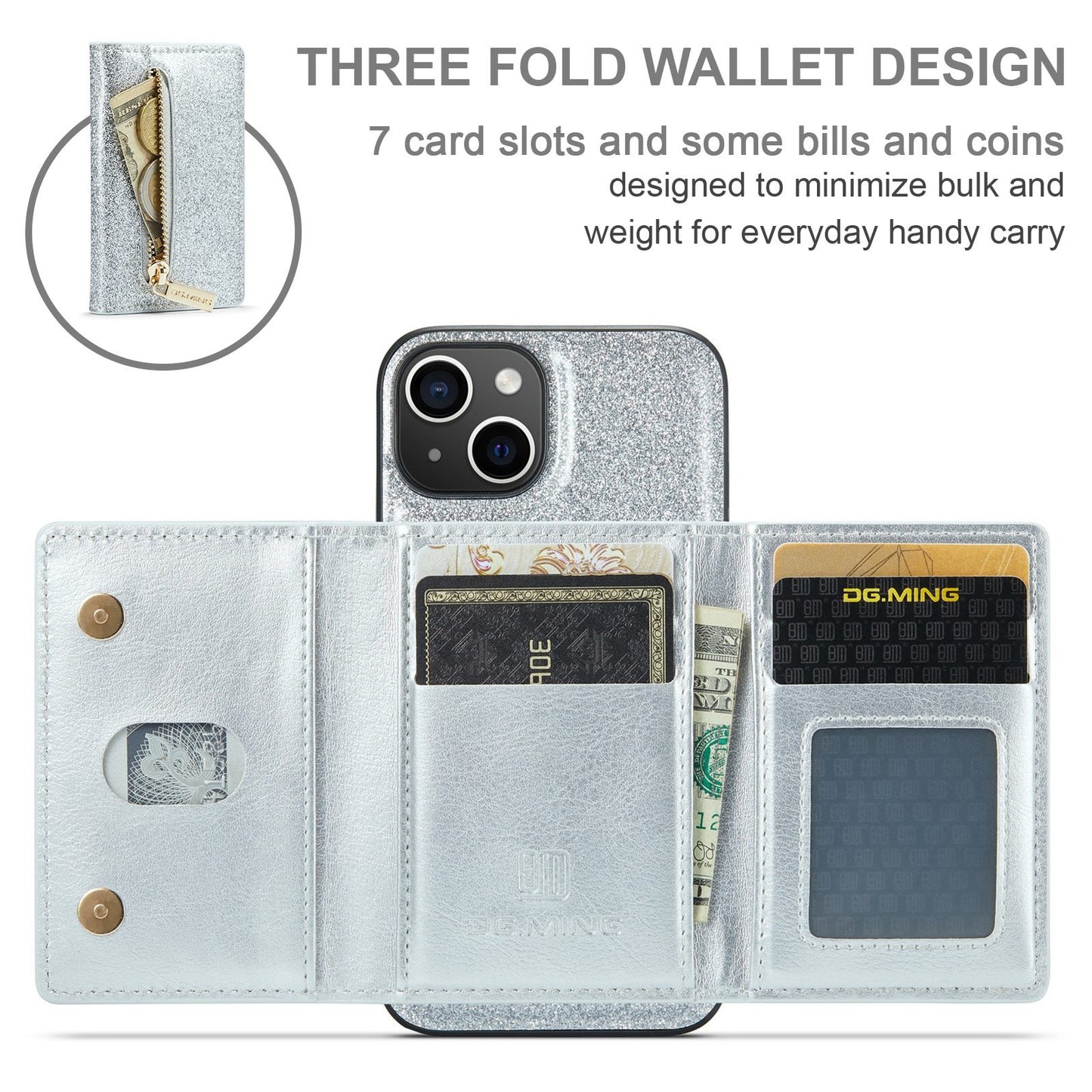 ELECTROPRIME For iPhone 15 DG.MING M3 Series Glitter Powder Card Bag Leather Phone Case(Silver)
