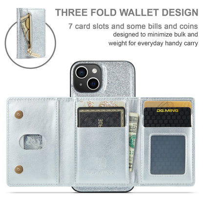 ELECTROPRIME For iPhone 15 DG.MING M3 Series Glitter Powder Card Bag Leather Phone Case(Silver)