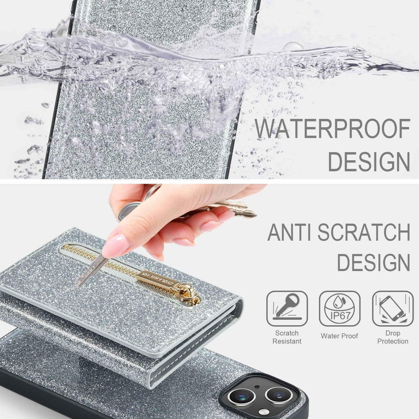 ELECTROPRIME For iPhone 15 DG.MING M3 Series Glitter Powder Card Bag Leather Phone Case(Silver)
