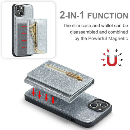 ELECTROPRIME For iPhone 15 DG.MING M3 Series Glitter Powder Card Bag Leather Phone Case(Silver)