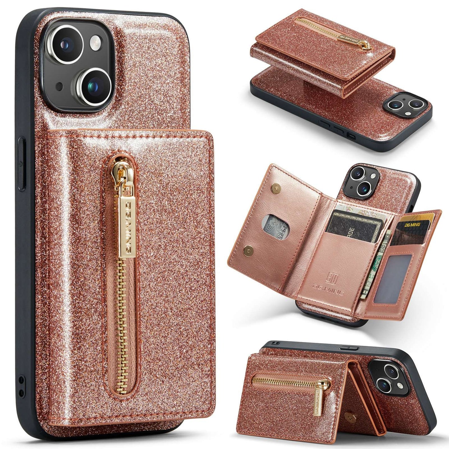 ELECTROPRIME For iPhone 15 DG.MING M3 Series Glitter Powder Card Bag Leather Phone Case(Rose Gold)