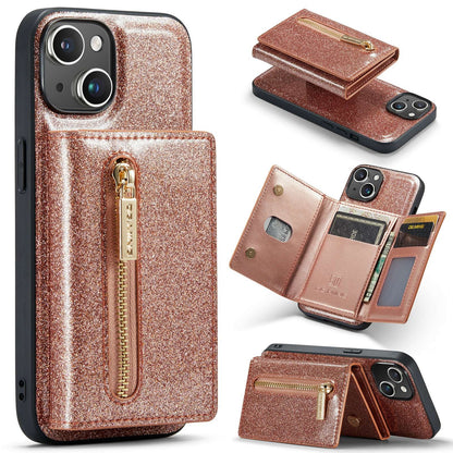 ELECTROPRIME For iPhone 15 DG.MING M3 Series Glitter Powder Card Bag Leather Phone Case(Rose Gold)