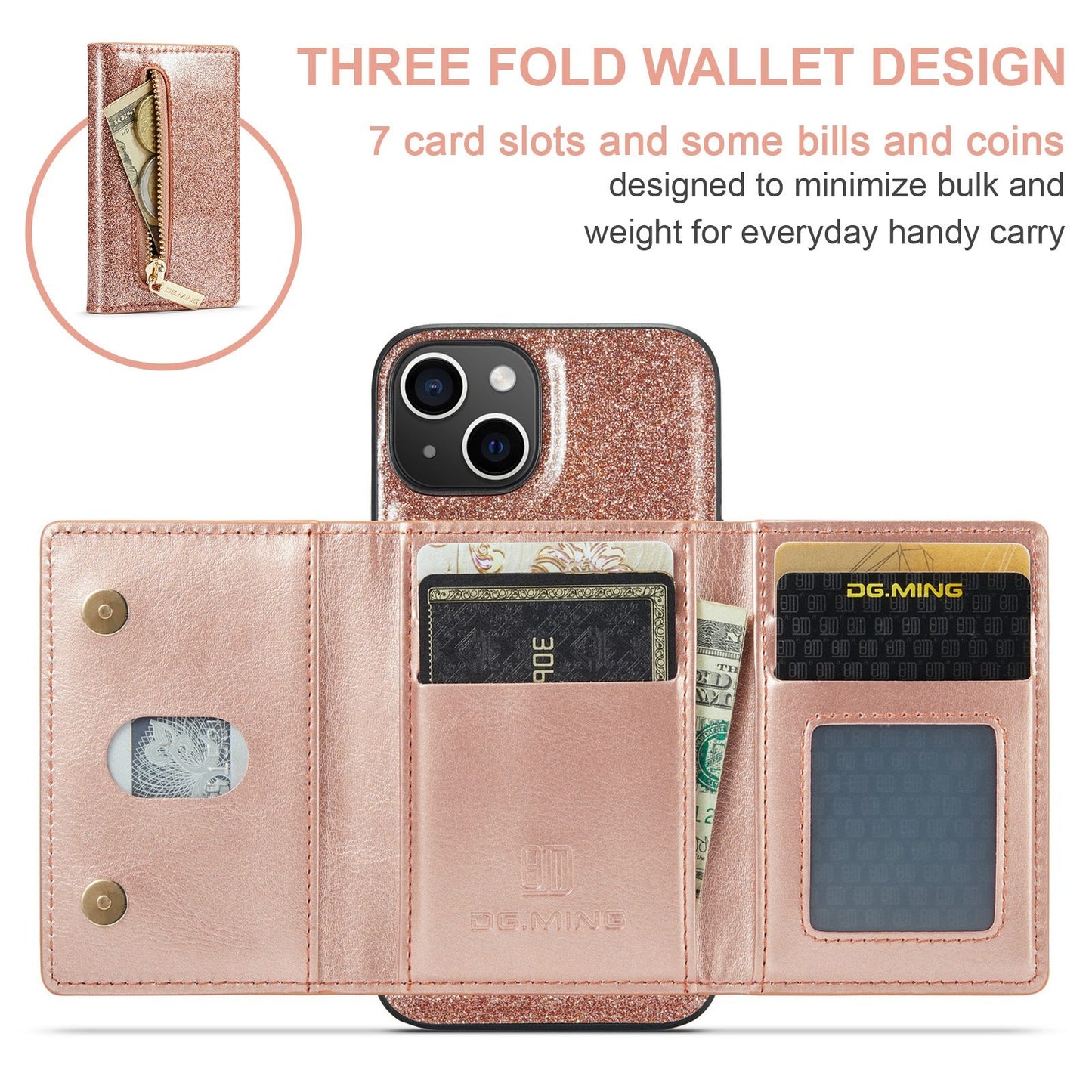 ELECTROPRIME For iPhone 15 DG.MING M3 Series Glitter Powder Card Bag Leather Phone Case(Rose Gold)
