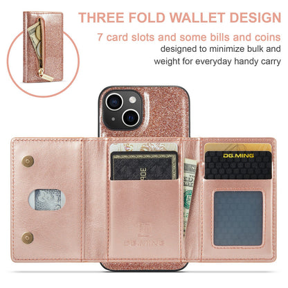 ELECTROPRIME For iPhone 15 DG.MING M3 Series Glitter Powder Card Bag Leather Phone Case(Rose Gold)