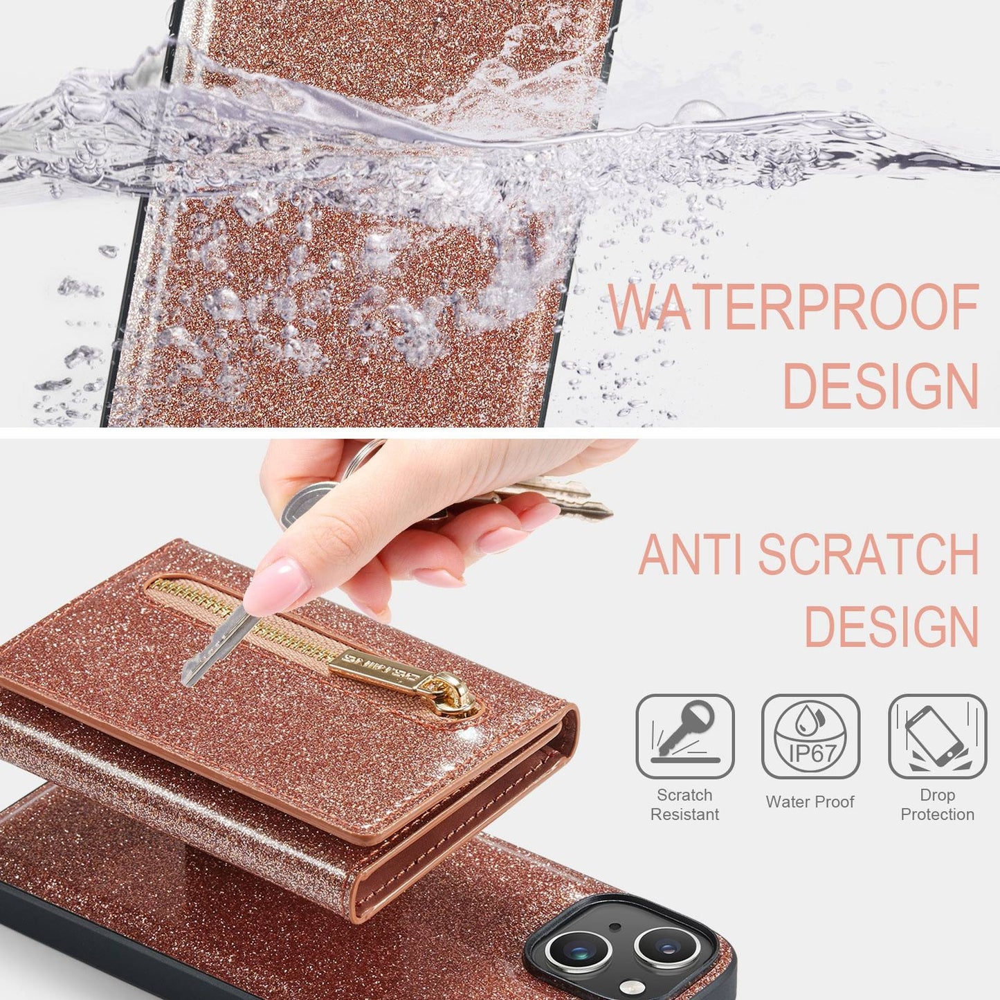 ELECTROPRIME For iPhone 15 DG.MING M3 Series Glitter Powder Card Bag Leather Phone Case(Rose Gold)