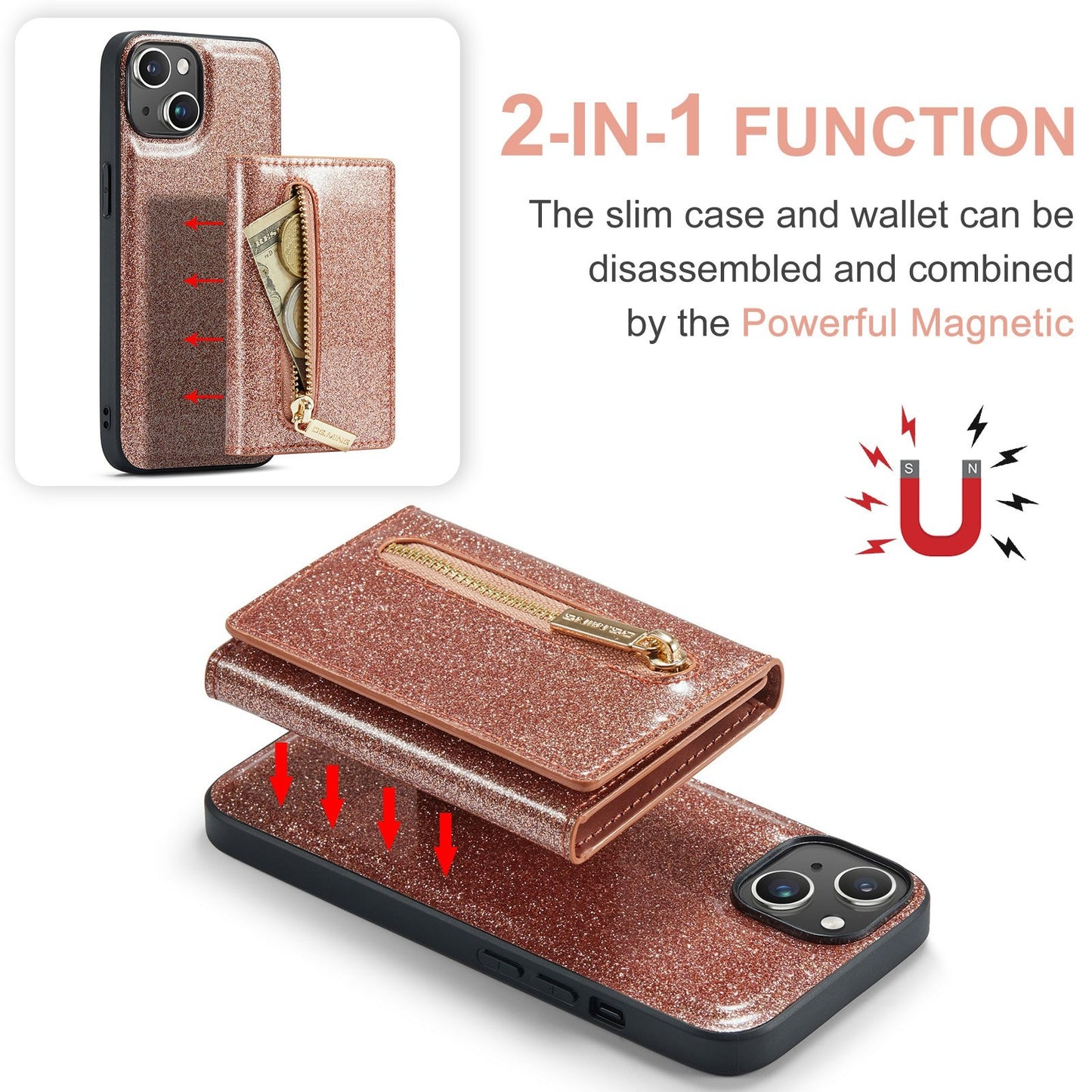 ELECTROPRIME For iPhone 15 DG.MING M3 Series Glitter Powder Card Bag Leather Phone Case(Rose Gold)