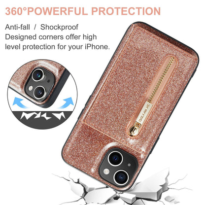 ELECTROPRIME For iPhone 15 DG.MING M3 Series Glitter Powder Card Bag Leather Phone Case(Rose Gold)