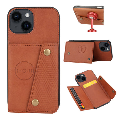 ELECTROPRIME For iPhone 15 Double Buckle Card Slots PU + TPU Phone Case(Brown)