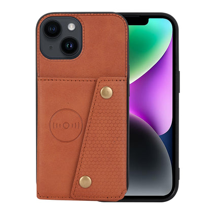 ELECTROPRIME For iPhone 15 Double Buckle Card Slots PU + TPU Phone Case(Brown)