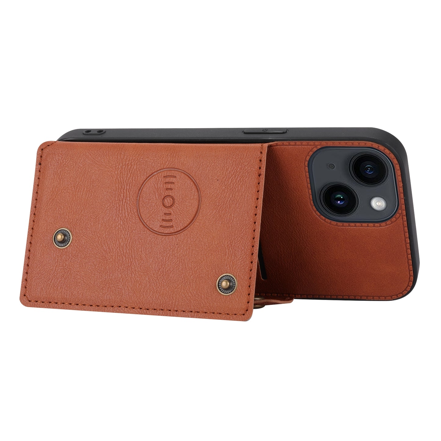 ELECTROPRIME For iPhone 15 Double Buckle Card Slots PU + TPU Phone Case(Brown)