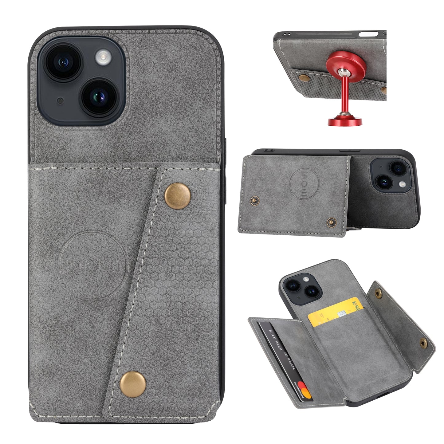 ELECTROPRIME For iPhone 15 Double Buckle Card Slots PU + TPU Phone Case(Grey)