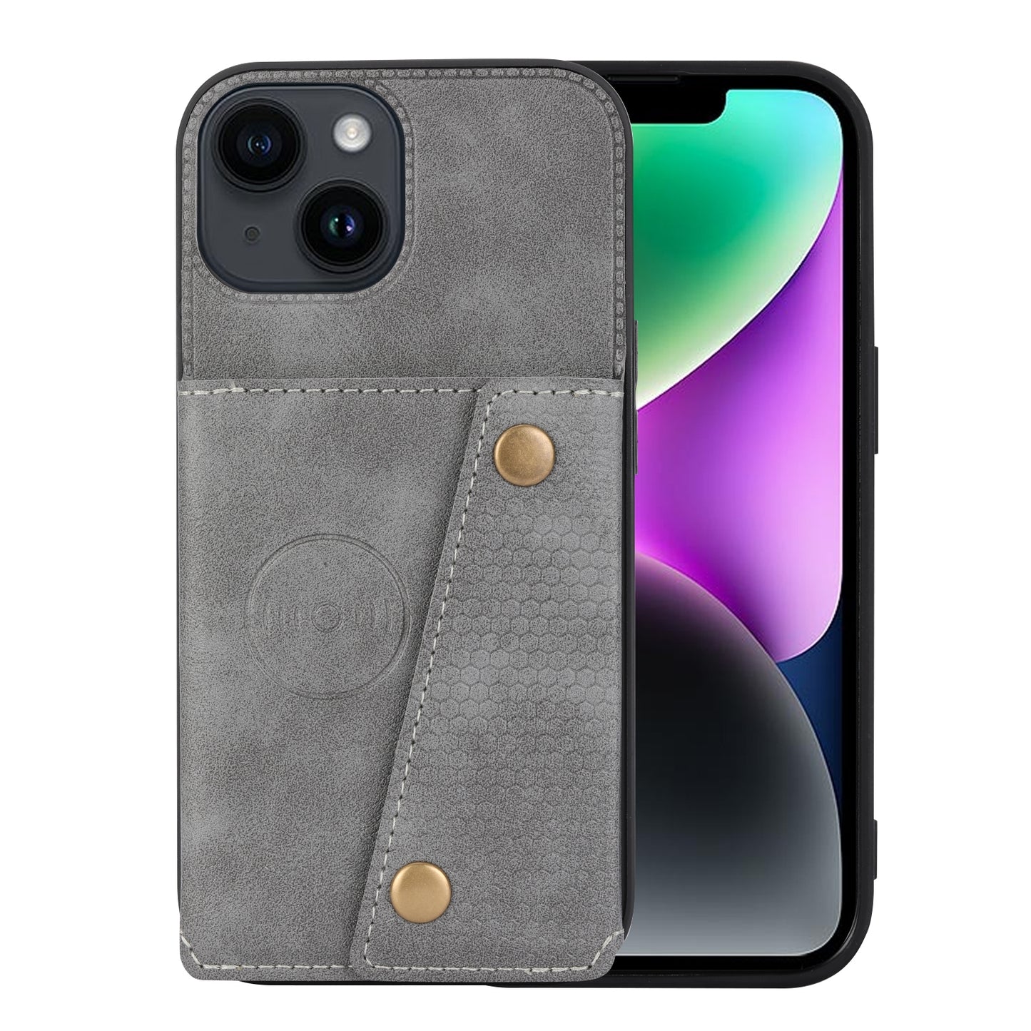 ELECTROPRIME For iPhone 15 Double Buckle Card Slots PU + TPU Phone Case(Grey)