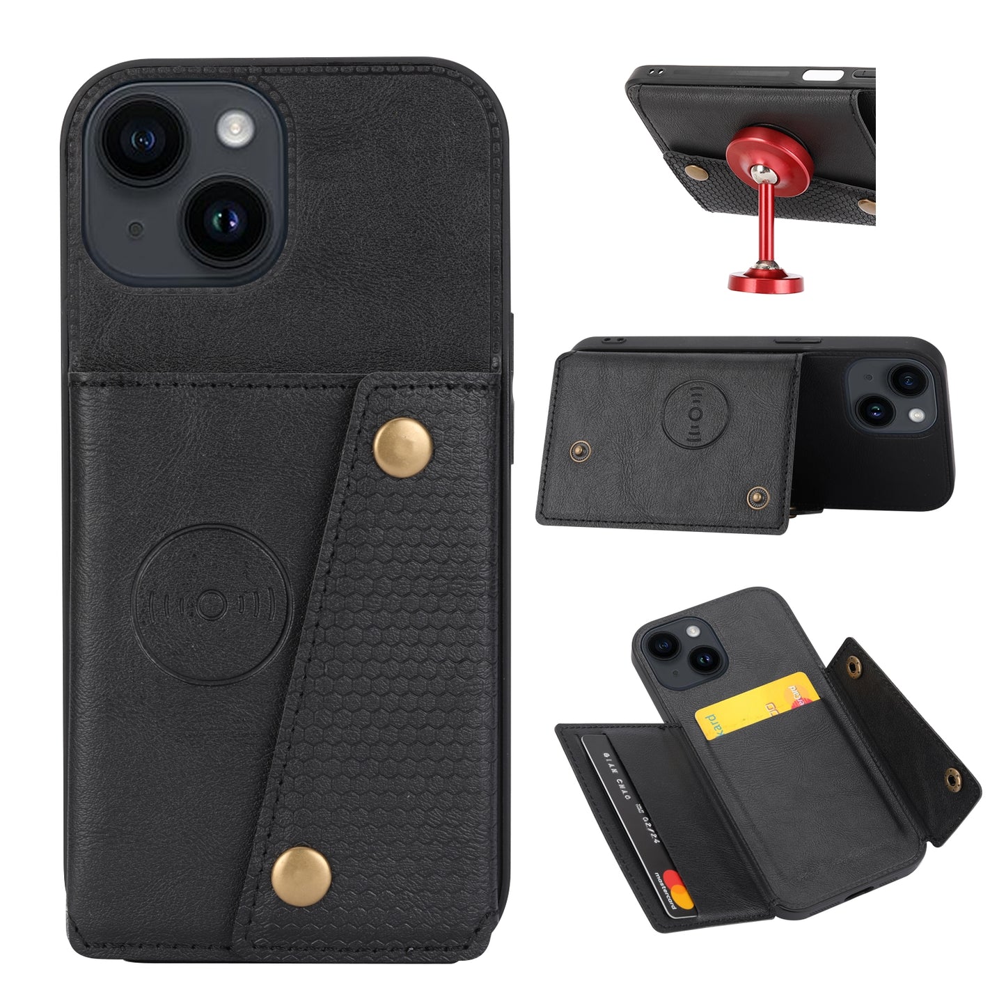 ELECTROPRIME For iPhone 15 Double Buckle Card Slots PU + TPU Phone Case(Black)