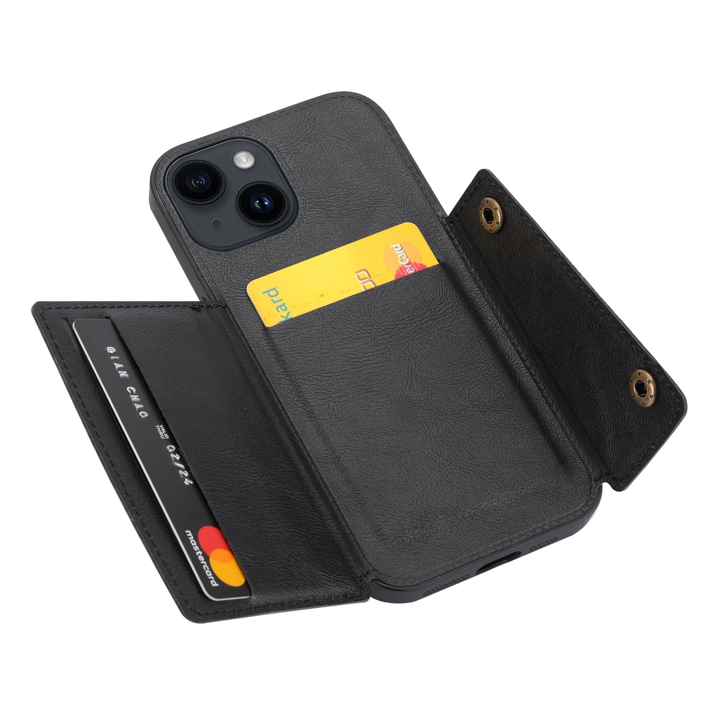 ELECTROPRIME For iPhone 15 Double Buckle Card Slots PU + TPU Phone Case(Black)