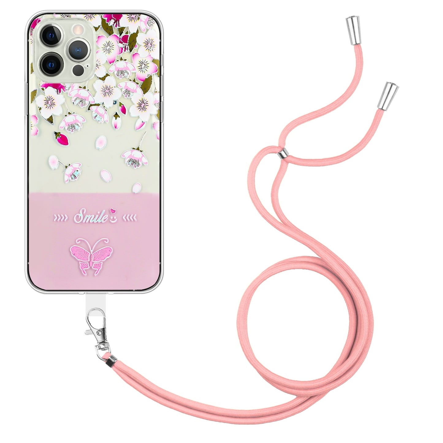 ELECTROPRIME For iPhone 15 Bronzing Butterfly Flower TPU Phone Case with Lanyard(Peach Blossoms)