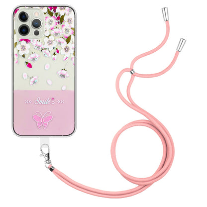 ELECTROPRIME For iPhone 15 Bronzing Butterfly Flower TPU Phone Case with Lanyard(Peach Blossoms)