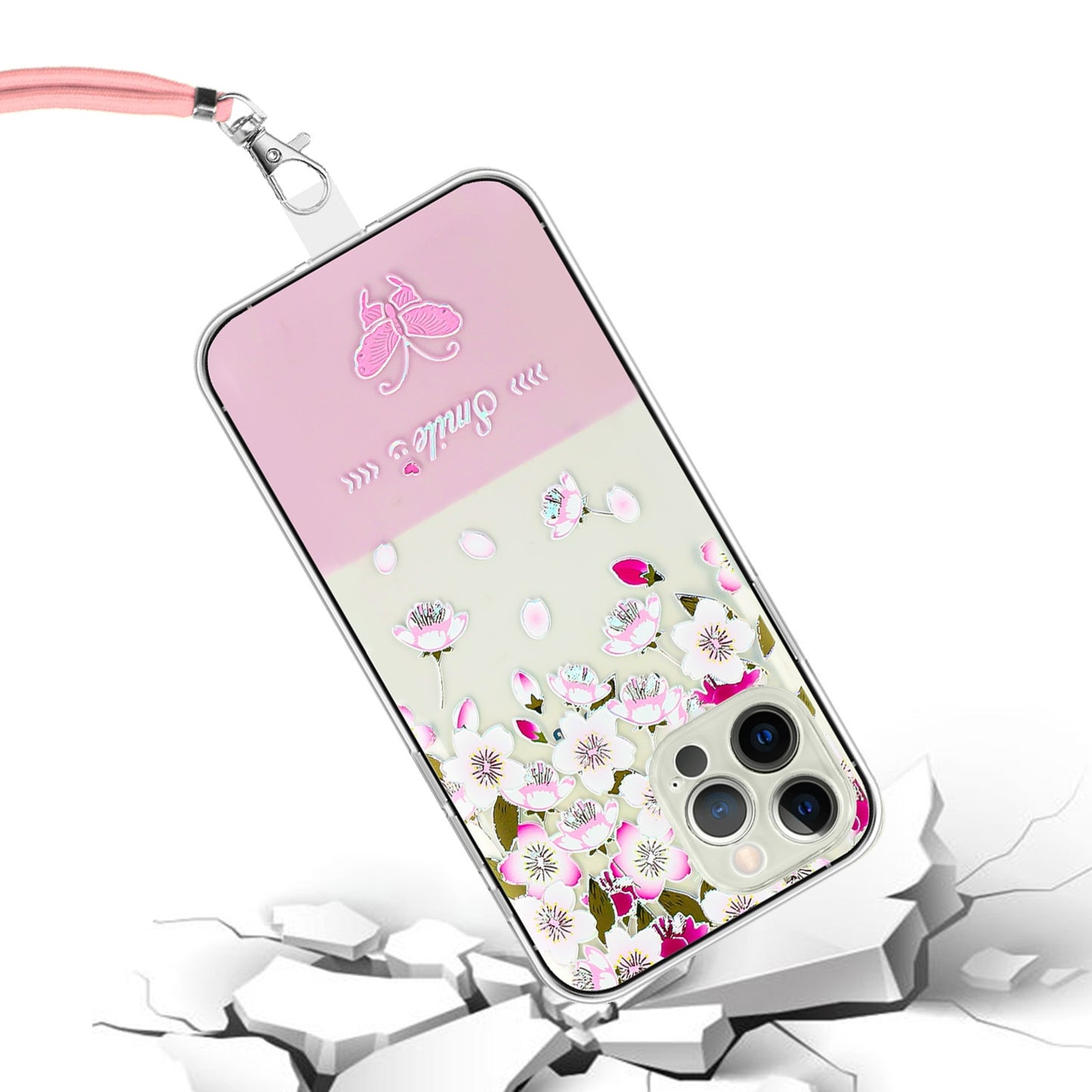 ELECTROPRIME For iPhone 15 Bronzing Butterfly Flower TPU Phone Case with Lanyard(Peach Blossoms)