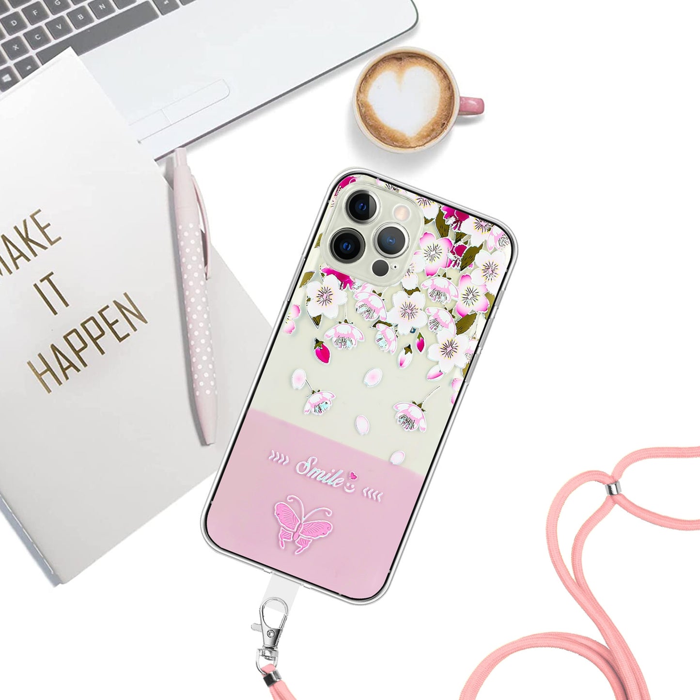 ELECTROPRIME For iPhone 15 Bronzing Butterfly Flower TPU Phone Case with Lanyard(Peach Blossoms)