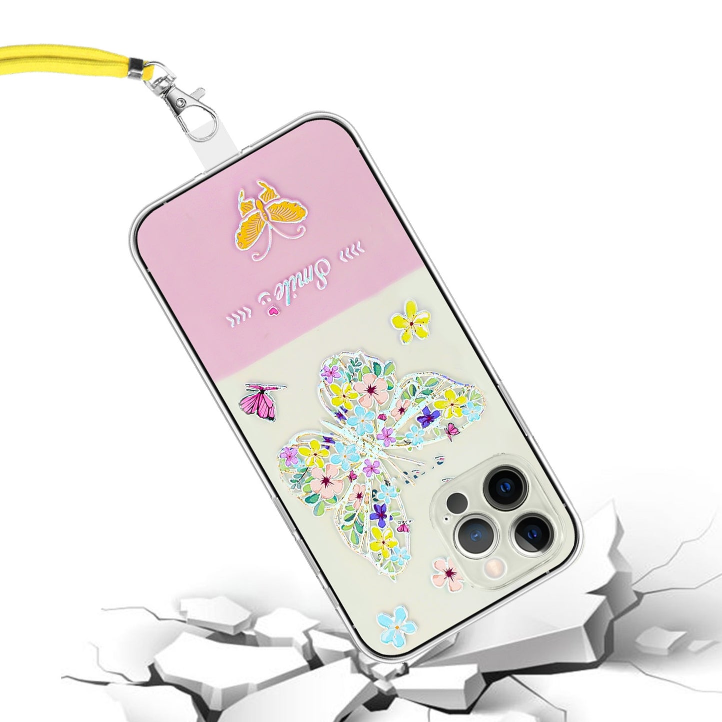 ELECTROPRIME For iPhone 15 Bronzing Butterfly Flower TPU Phone Case with Lanyard(Colorful Butterfly)