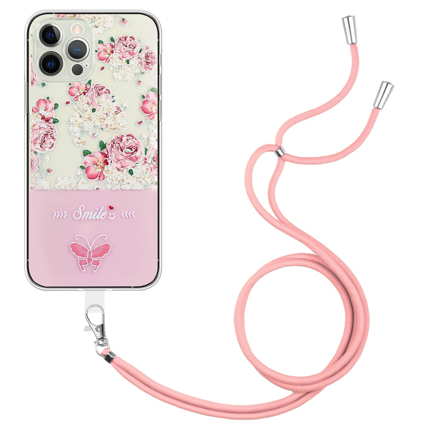 ELECTROPRIME For iPhone 15 Bronzing Butterfly Flower TPU Phone Case with Lanyard(Peony)