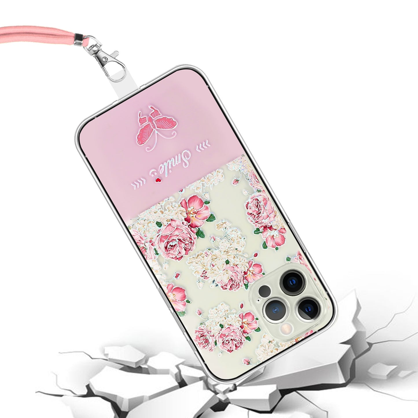 ELECTROPRIME For iPhone 15 Bronzing Butterfly Flower TPU Phone Case with Lanyard(Peony)