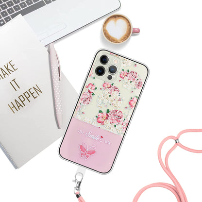 ELECTROPRIME For iPhone 15 Bronzing Butterfly Flower TPU Phone Case with Lanyard(Peony)