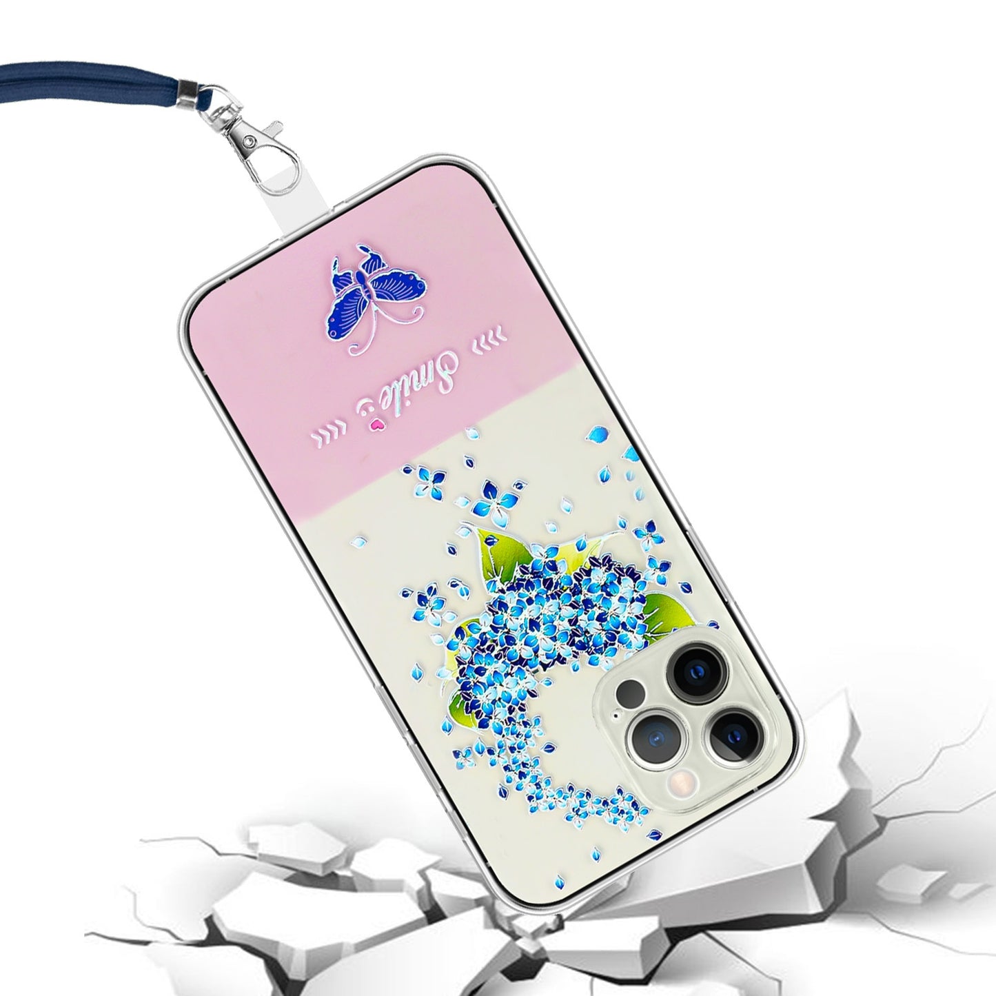 ELECTROPRIME For iPhone 15 Bronzing Butterfly Flower TPU Phone Case with Lanyard(Hydrangea)