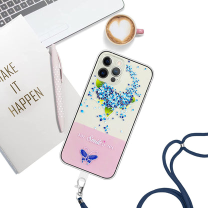 ELECTROPRIME For iPhone 15 Bronzing Butterfly Flower TPU Phone Case with Lanyard(Hydrangea)