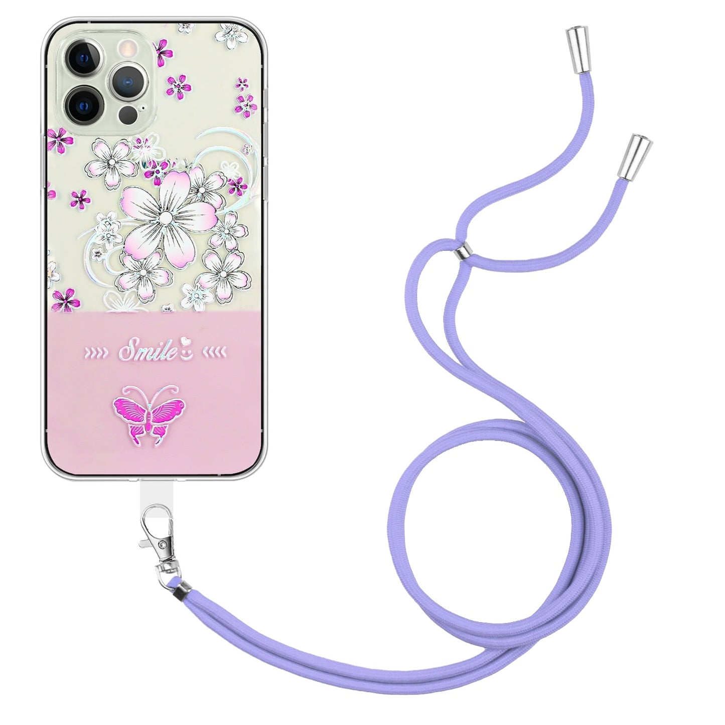 ELECTROPRIME For iPhone 15 Bronzing Butterfly Flower TPU Phone Case with Lanyard(Cherry Blossoms)