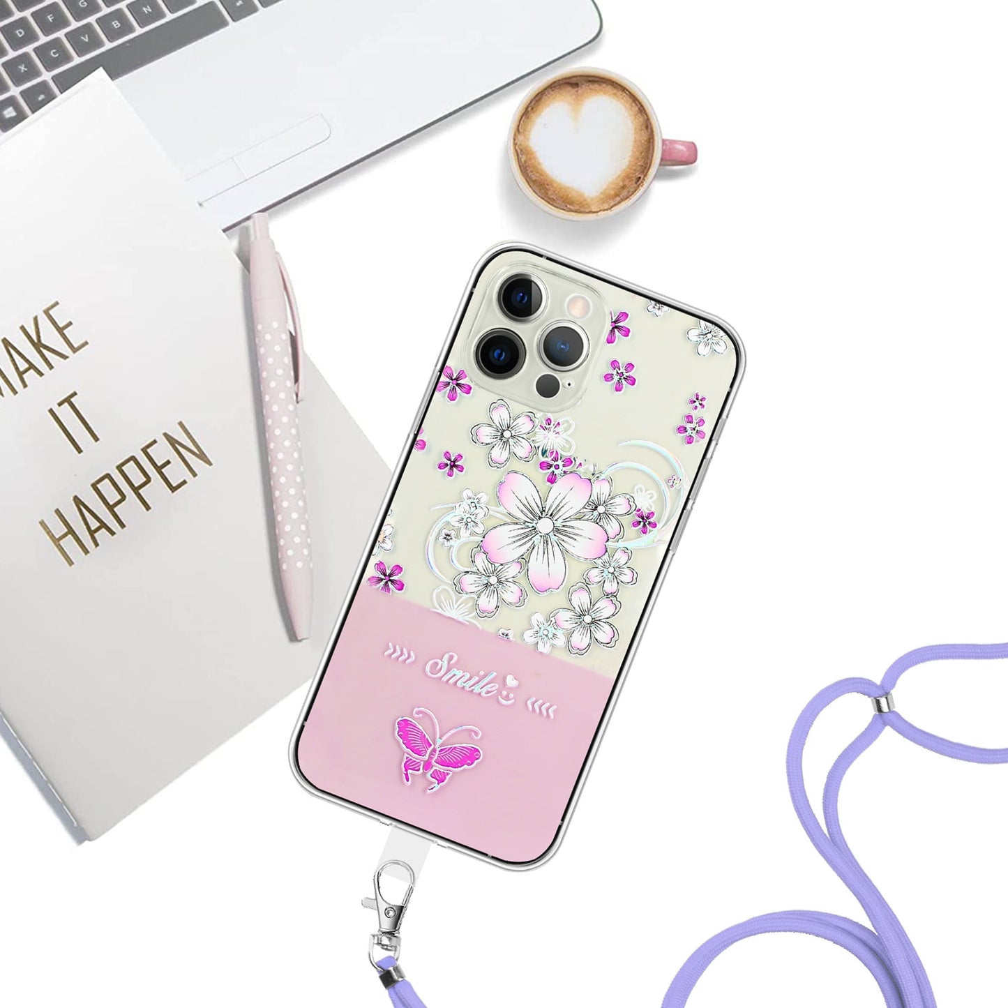 ELECTROPRIME For iPhone 15 Bronzing Butterfly Flower TPU Phone Case with Lanyard(Cherry Blossoms)