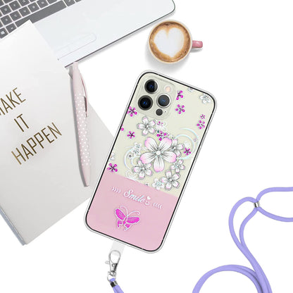 ELECTROPRIME For iPhone 15 Bronzing Butterfly Flower TPU Phone Case with Lanyard(Cherry Blossoms)