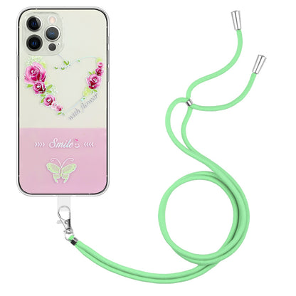 ELECTROPRIME For iPhone 15 Bronzing Butterfly Flower TPU Phone Case with Lanyard(Rose Heart)
