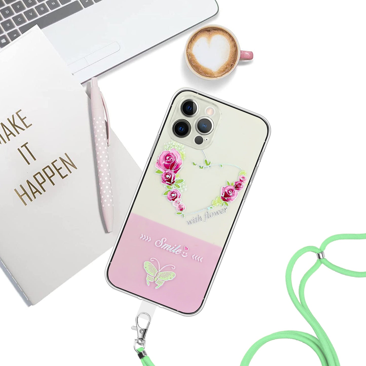 ELECTROPRIME For iPhone 15 Bronzing Butterfly Flower TPU Phone Case with Lanyard(Rose Heart)