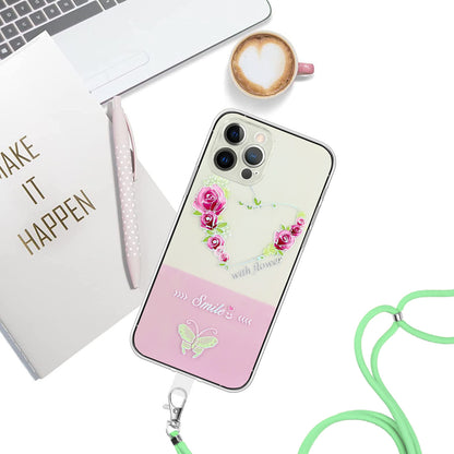 ELECTROPRIME For iPhone 15 Bronzing Butterfly Flower TPU Phone Case with Lanyard(Rose Heart)